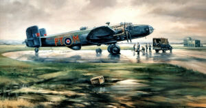 Another photograph of a Halifax Bomber. The box in the foreground states RCAF. From a painting Canadian Halifax by John Rayson G.AV.A. 