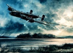 A photograph of a Halifax Bomber dated 12 April 1944, less than 6 weeks before the crash subject of my story. From a painting Just in Time (77 sqdn.) by John Rayson G.AV.A. 