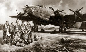 This photograph shows a Halifax Bomber with a Canadian crew. From a painting by John Rayson G.AV.A. 420 Squadron R.C.A.F.