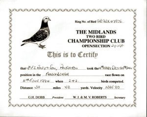 This is a copy of a 1994 certificate issued to F.S.Riley & Son, for 4th. place in a pigeon race of 311 miles 32 yards from Fraserburgh to Fred Rileys' pigeon loft in Platerton.